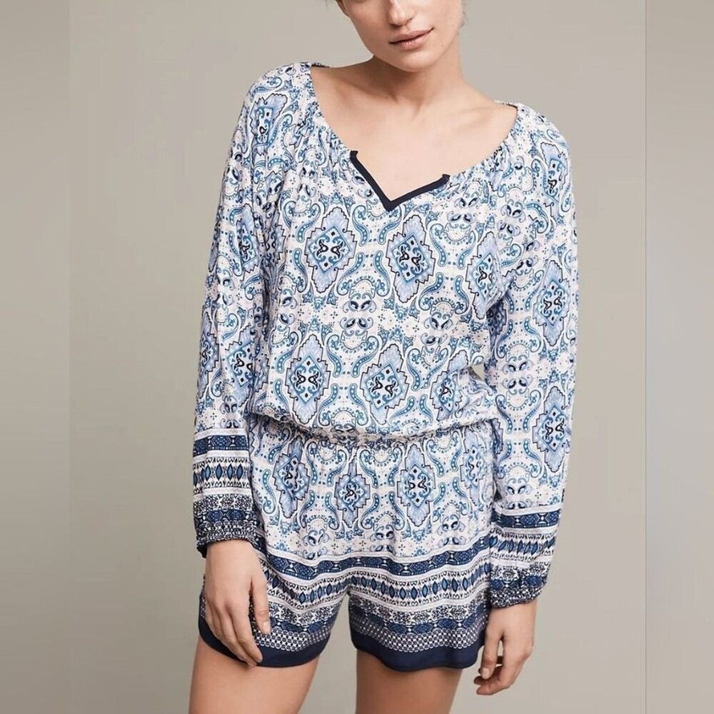 Elevenses Anthropologie Blue White Floral Romper Boho Long Sleeve Women's S